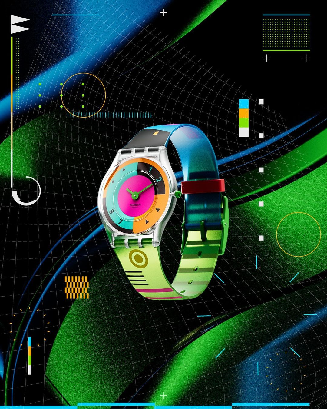Swatch watch with multi-colored face and transparent band on a black background with blue and green abstract designs and geometric shapes.