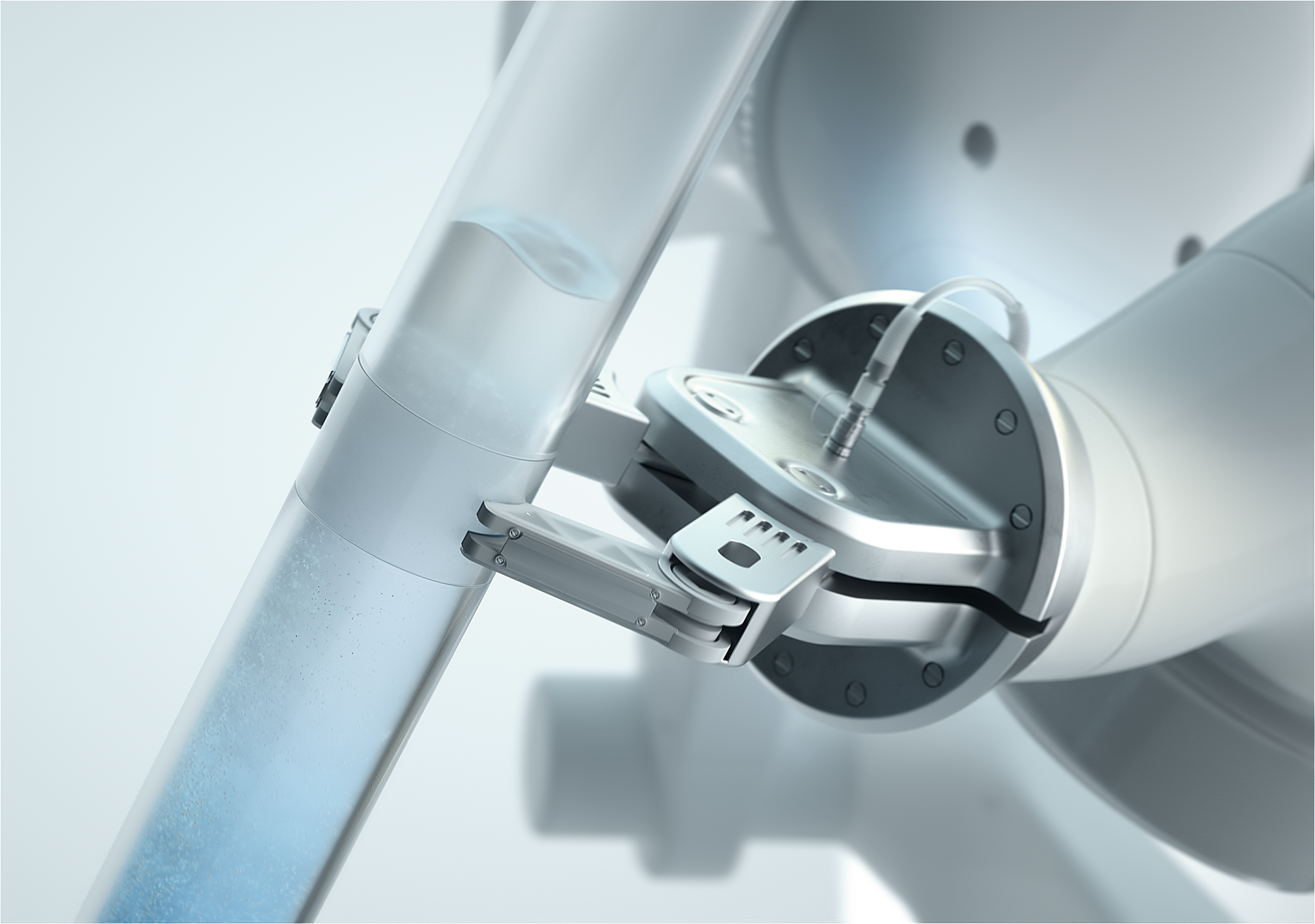 A robotic arm holds a transparent pipe with liquid, set against a clean, bright background, showcasing engineering and automation.