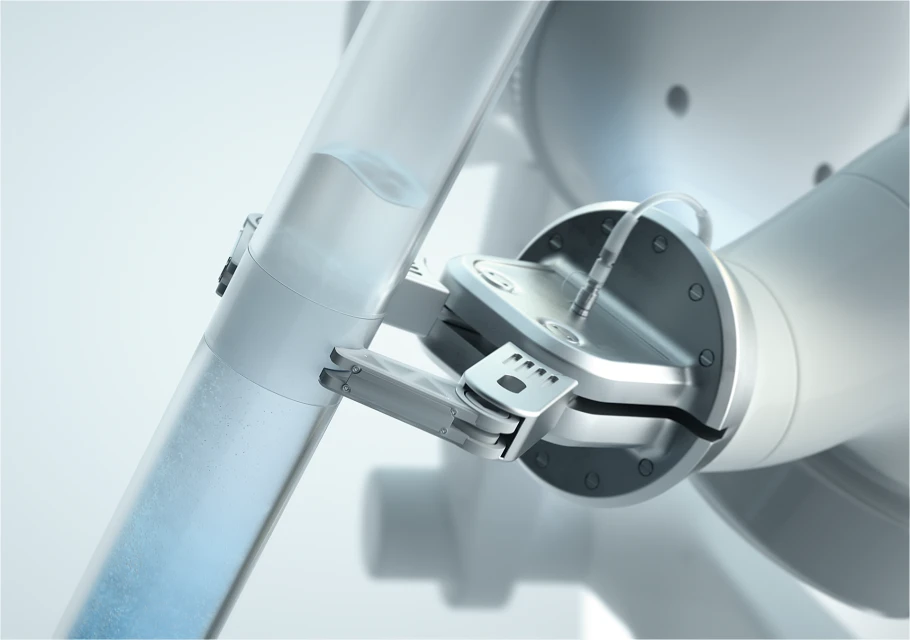 A robotic arm holds a transparent pipe with liquid, set against a clean, bright background, showcasing engineering and automation.