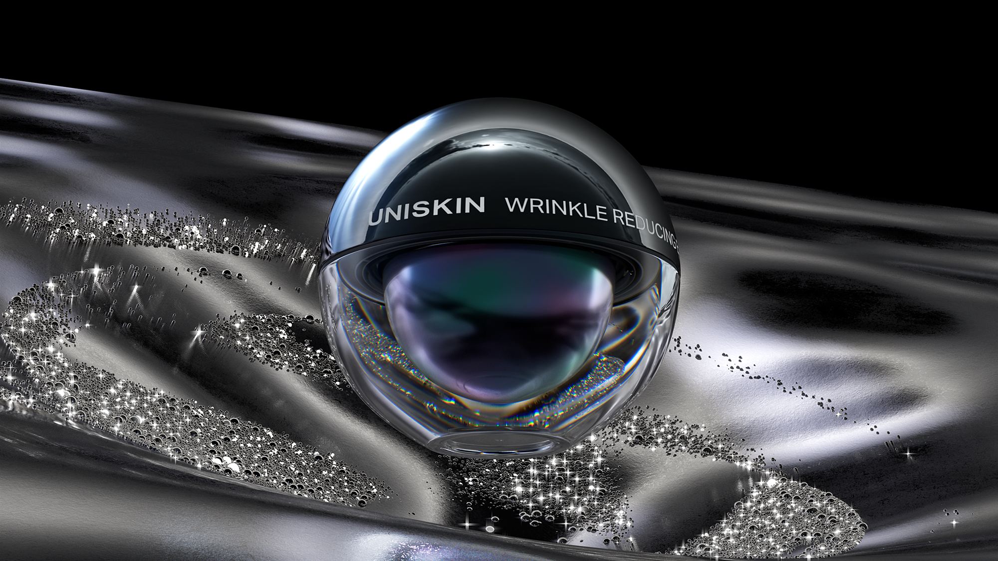 A clear jar of UNISKIN wrinkle reducing cream on a reflective black surface with shimmering particles, set against a dark background.