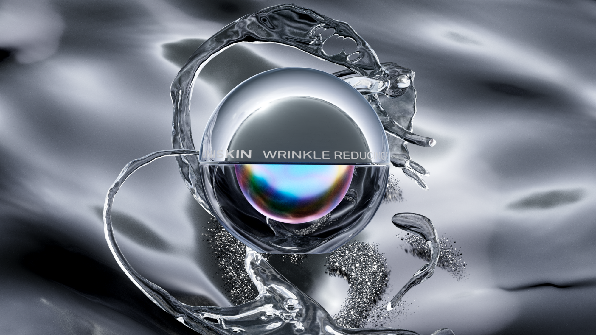 Still life product shot of wrinkle reducing cream in a clear container surrounded by water droplets on a silver reflective surface.