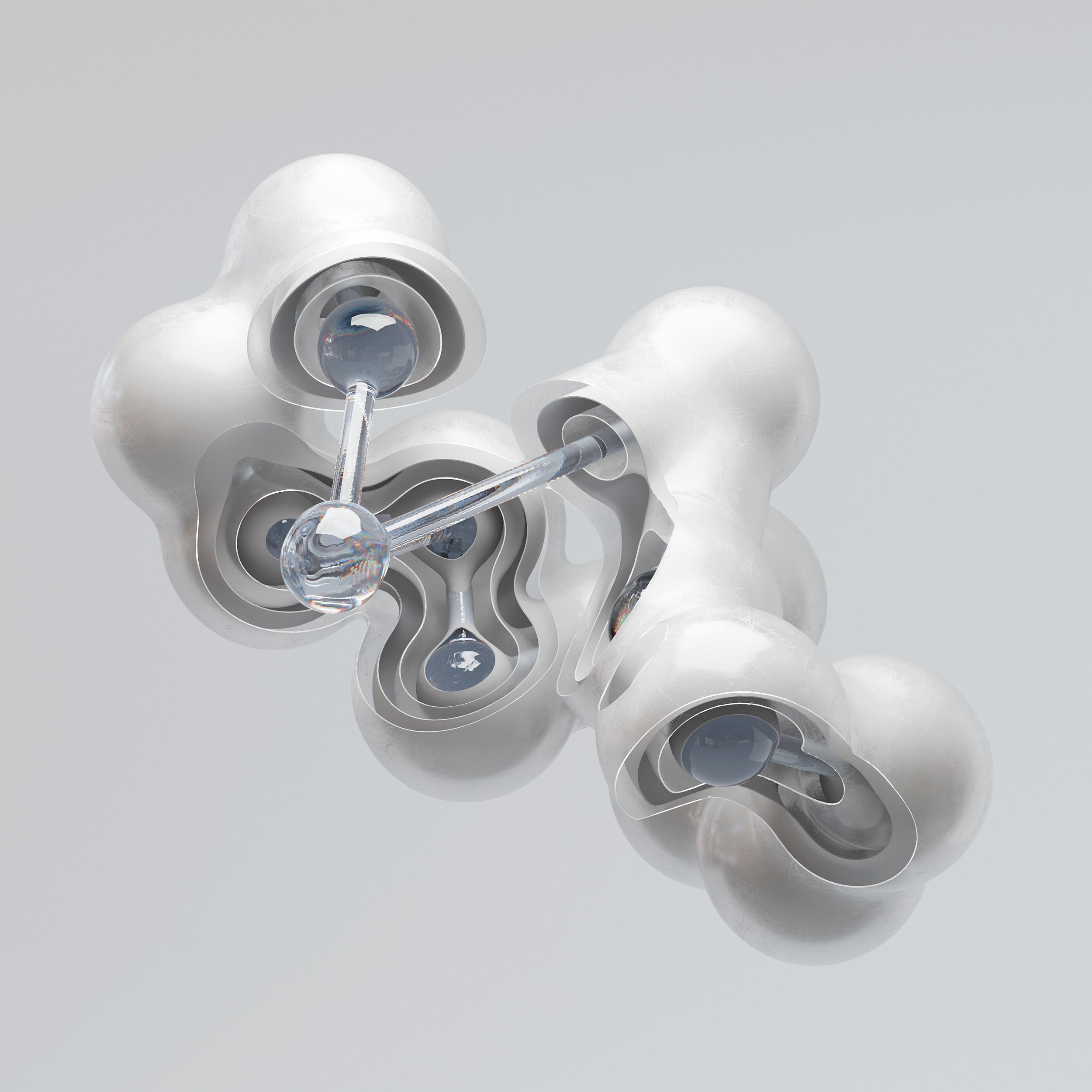 Abstract CGI image of interconnected white and transparent spherical shapes on a light grey background. The composition is clean and minimal.