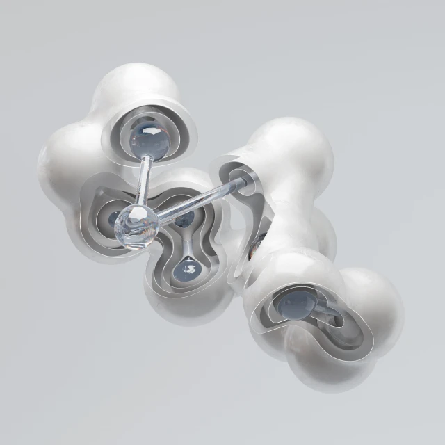 Abstract CGI image of interconnected white and transparent spherical shapes on a light grey background. The composition is clean and minimal.