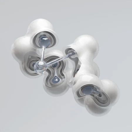 Abstract CGI image of interconnected white and transparent spherical shapes on a light grey background. The composition is clean and minimal.
