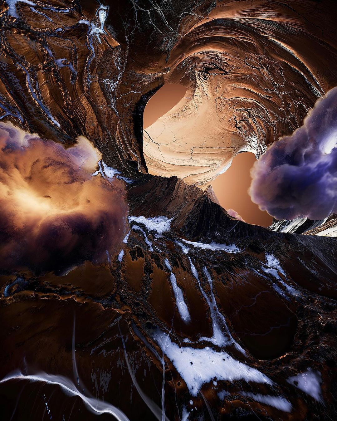 Abstract landscape art featuring dynamic clouds and textured rock formations in shades of brown, blue, and white.