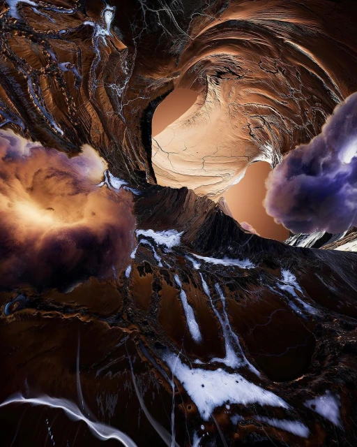 Abstract landscape art featuring dynamic clouds and textured rock formations in shades of brown, blue, and white.