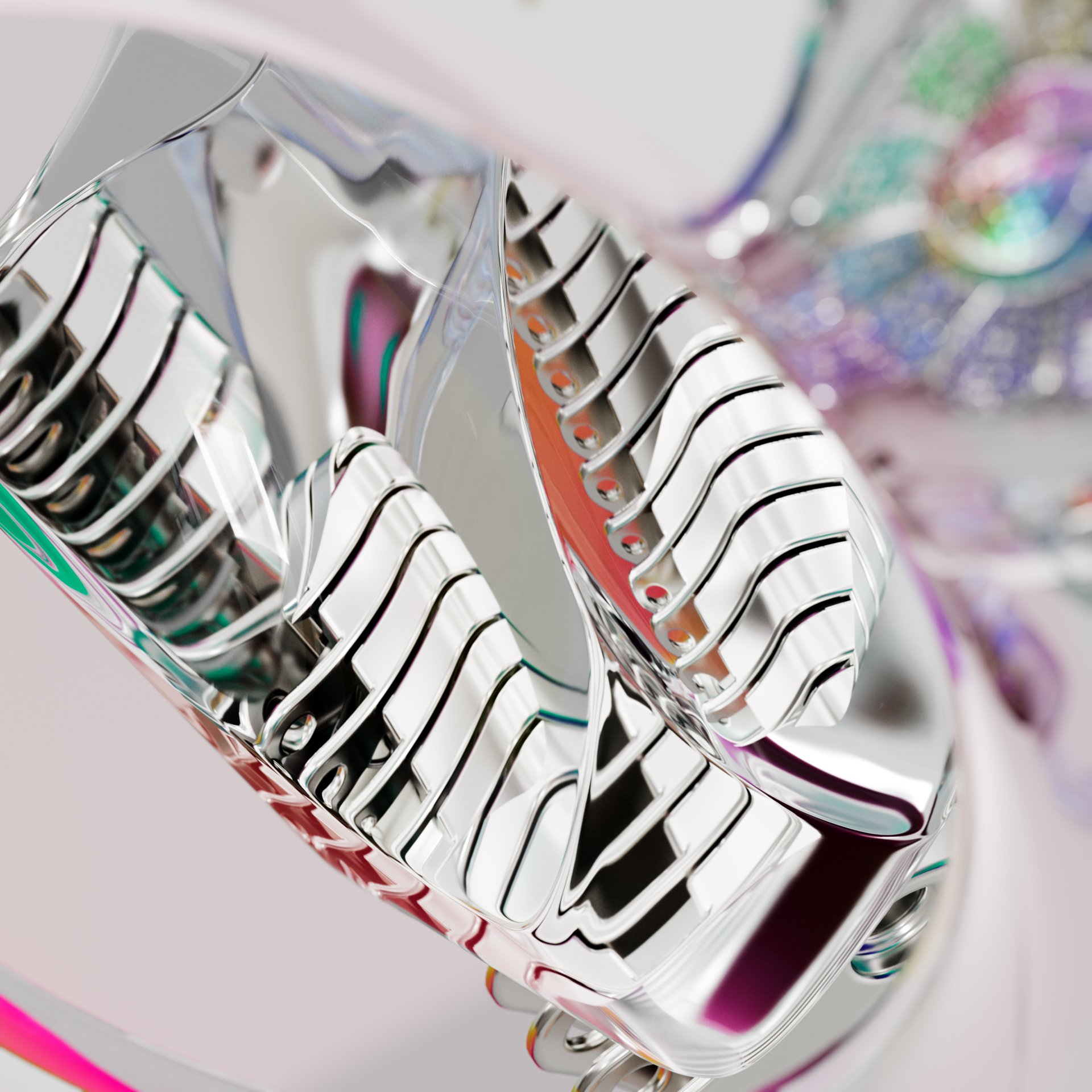 Close-up of a shiny, reflective abstract sculpture with horizontal bars and rainbow iridescent details against a light gray background.