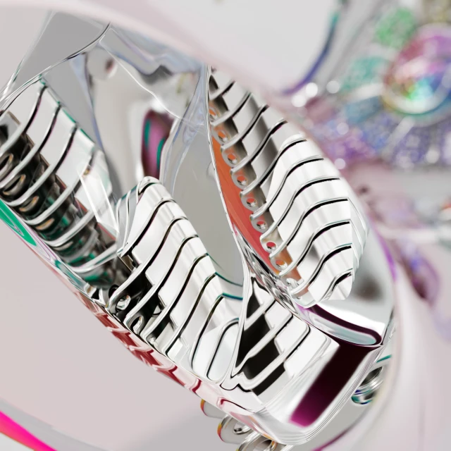 Close-up of a shiny, reflective abstract sculpture with horizontal bars and rainbow iridescent details against a light gray background.