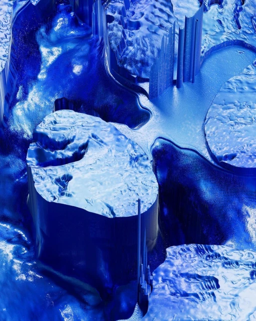 Abstract 3D render of blue terrain with reflective, textured surfaces, reminiscent of a digital landscape or topographic model. 