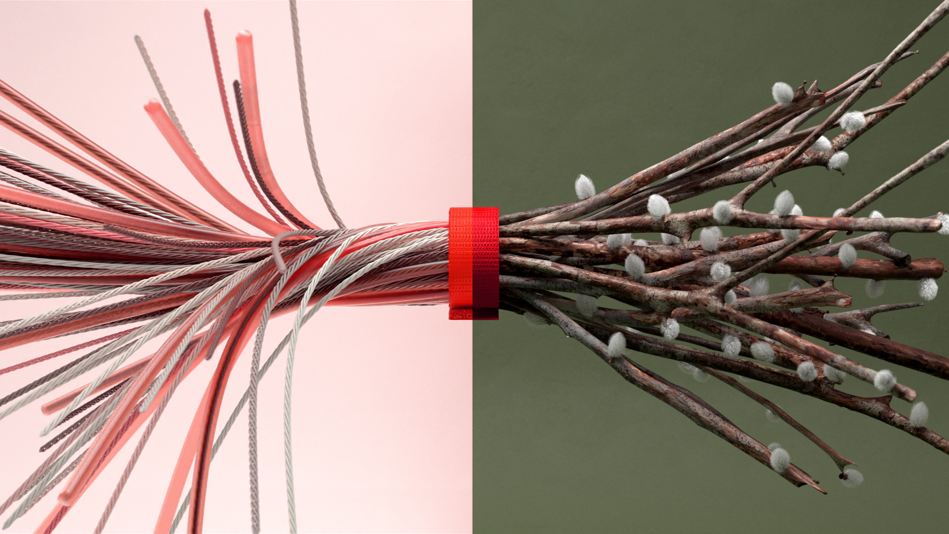 Abstract split-screen image featuring bundled electrical wires on a pink background and bare willow branches with buds on a green backdrop.
