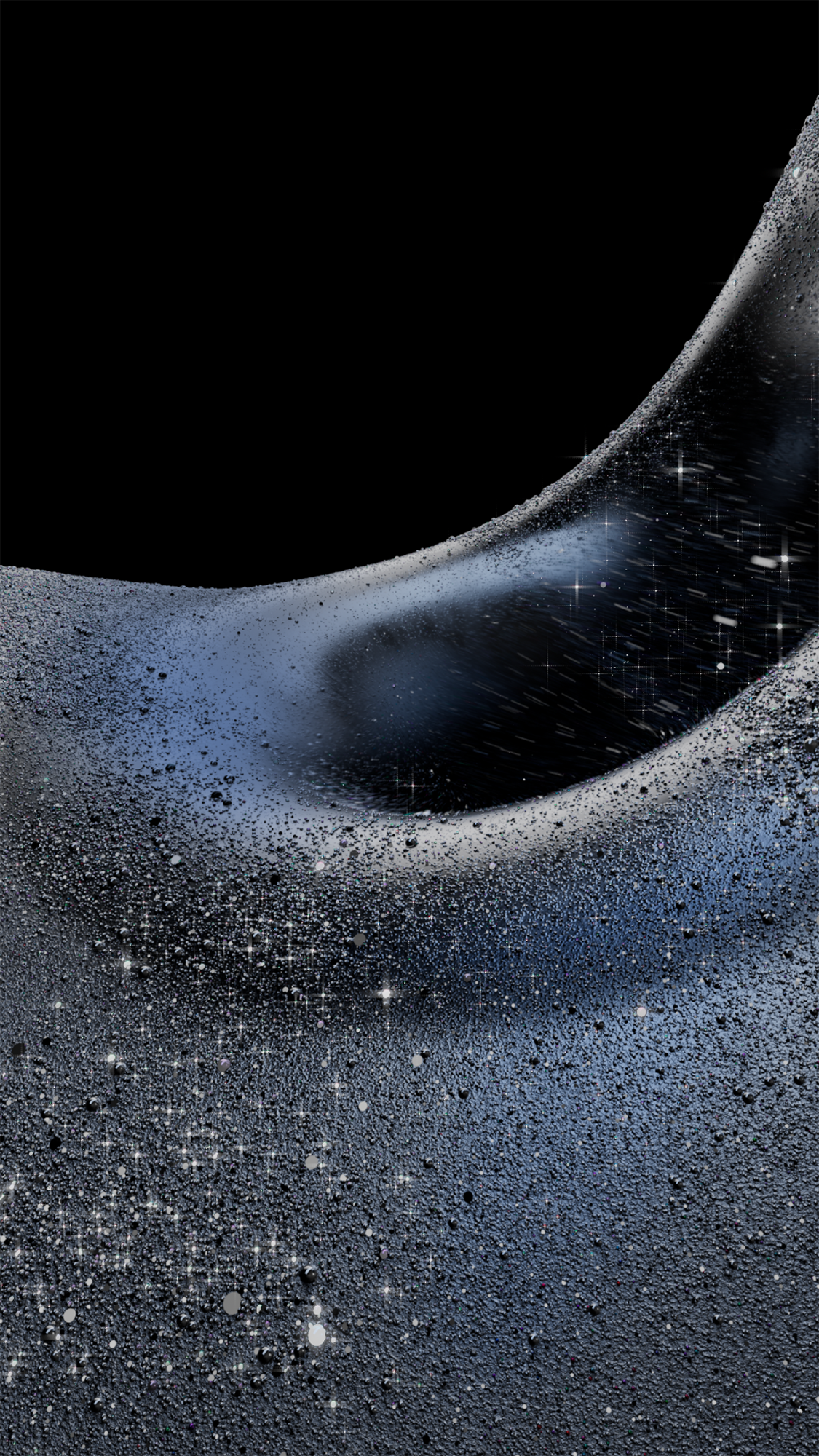 Abstract image featuring a fluid, shimmering surface with sparkling highlights against a dark, almost black background.