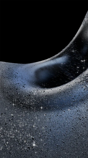 Abstract image featuring a fluid, shimmering surface with sparkling highlights against a dark, almost black background.