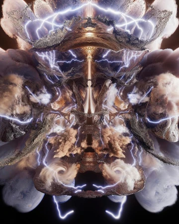 Spectacular digital art displaying lightning strikes across textured formations and cloud-like masses against a dark backdrop.