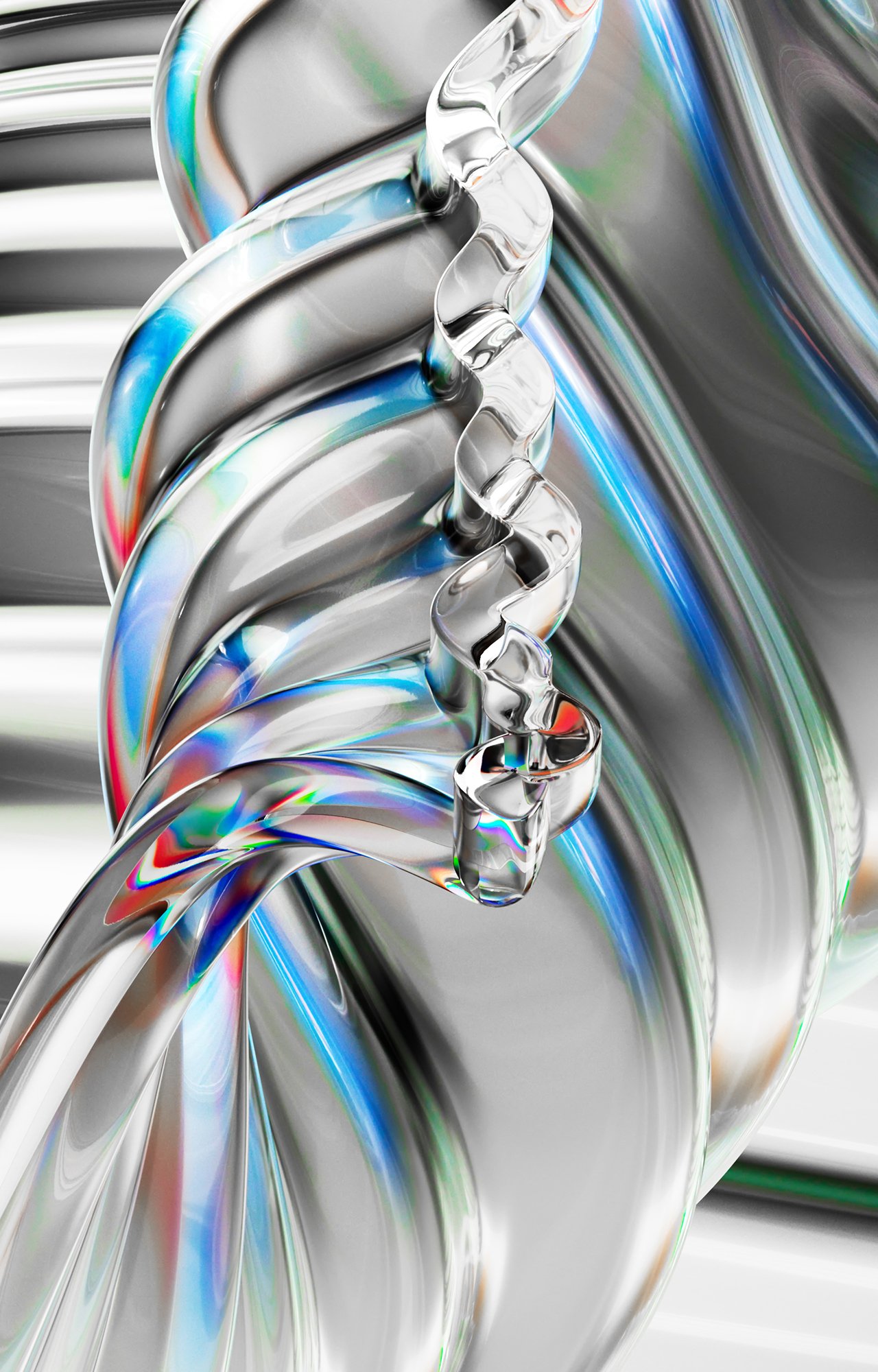 Abstract image of twisted, iridescent metal forms with hints of red, green, and blue against a blurred, light grey background.