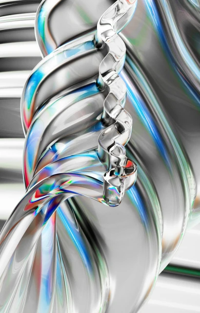 Abstract image of twisted, iridescent metal forms with hints of red, green, and blue against a blurred, light grey background.
