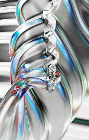 Abstract image of twisted, iridescent metal forms with hints of red, green, and blue against a blurred, light grey background.