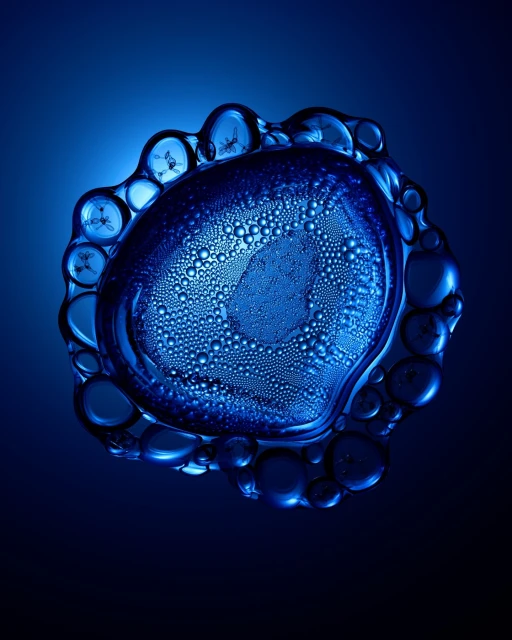 Macro photograph of a semi-translucent blue gel with internal bubbles and droplets, set against a matching blue gradient background.