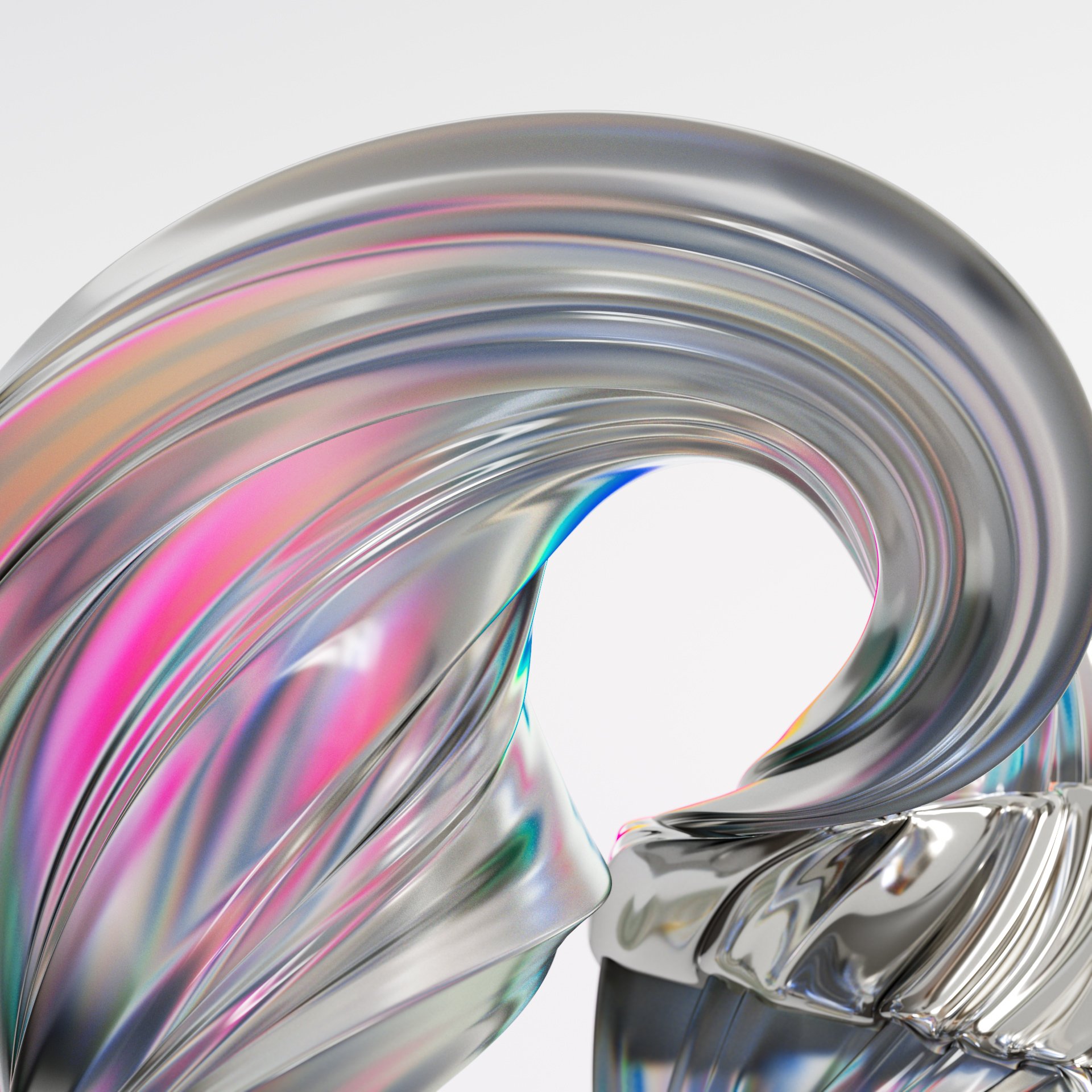 Abstract close-up of a chrome swirl with pink, blue, and green iridescence against a white background. Studio lighting.