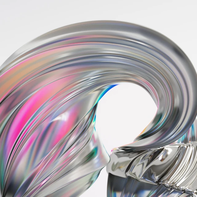 Abstract close-up of a chrome swirl with pink, blue, and green iridescence against a white background. Studio lighting.