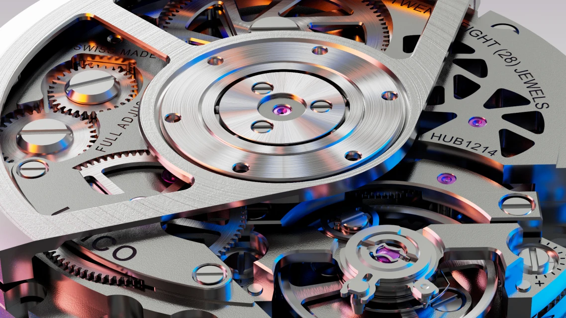 Close-up of an intricate silver-toned watch mechanism with gears, jewels, and detailed engravings, showcasing high-end craftsmanship.
