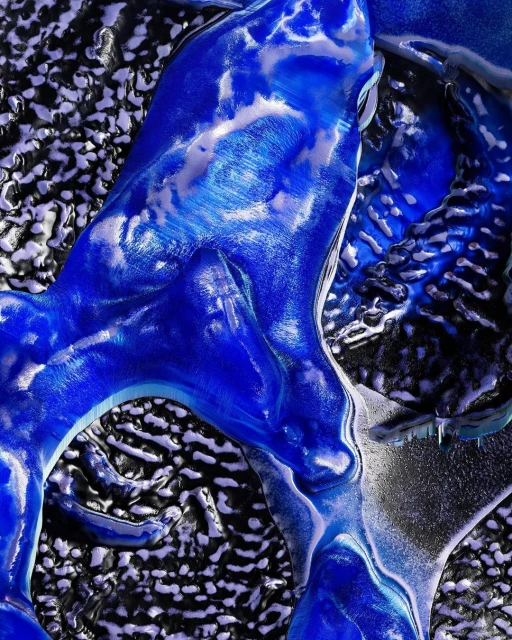 Abstract digital art with high contrast featuring blue and silver sinuous shapes against a mottled black and white textured background.