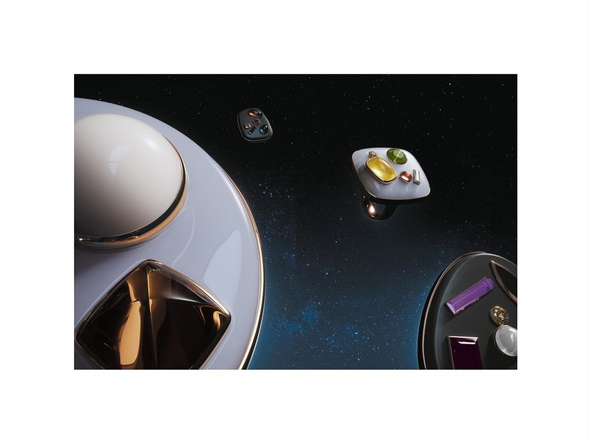 Elevated still life of cosmetic products and gemstones on futuristic glossy platforms against a starry gradient background.