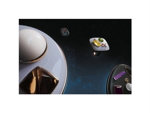 Elevated still life of cosmetic products and gemstones on futuristic glossy platforms against a starry gradient background.