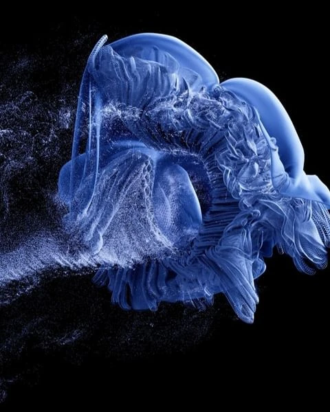 Abstract blue and white 3D rendering on a black background, resembling a jellyfish or a wave with intricate details and fine particles.