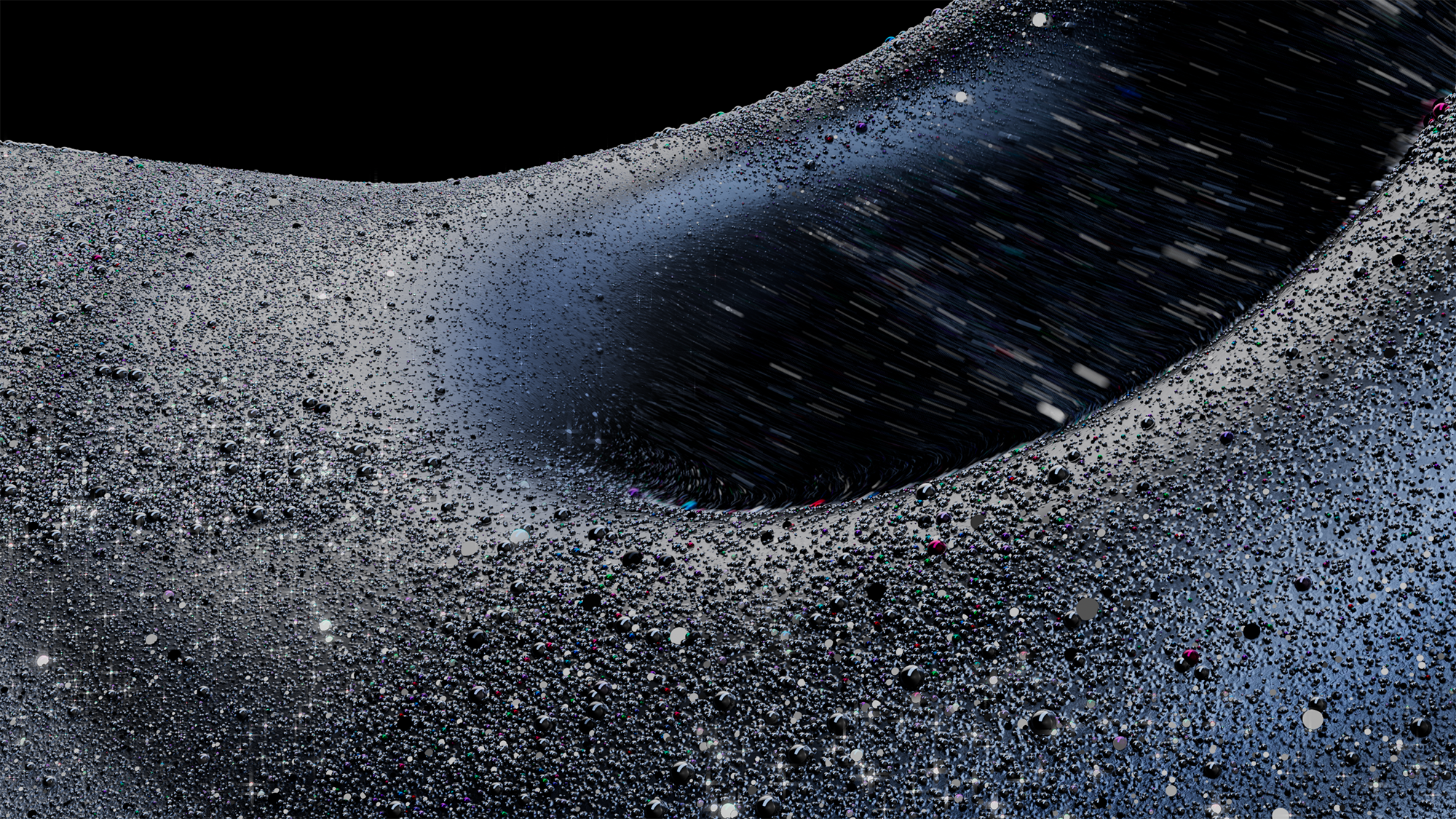 Abstract silver metallic fluid with sparkling particles, creating a dynamic, textured surface and a sense of depth against a black backdrop.