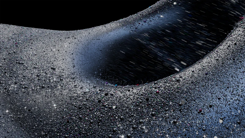 Abstract silver metallic fluid with sparkling particles, creating a dynamic, textured surface and a sense of depth against a black backdrop.