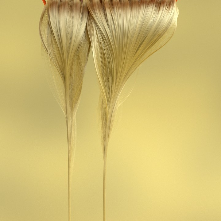 Two strands of long, blonde hair extensions with dark roots displayed against a yellow background. The hair is straight and shiny.