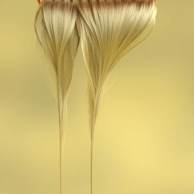Two strands of long, blonde hair extensions with dark roots displayed against a yellow background. The hair is straight and shiny.