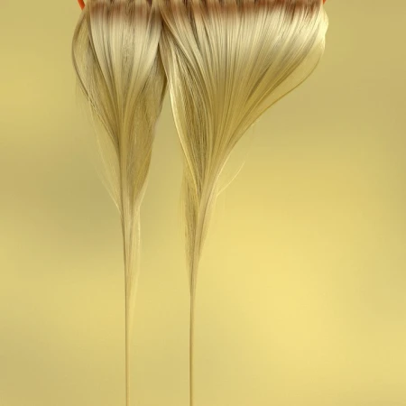 Two strands of long, blonde hair extensions with dark roots displayed against a yellow background. The hair is straight and shiny.