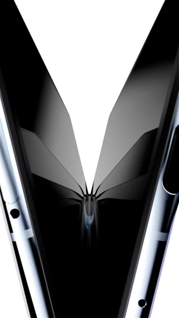 Abstract close-up of folded smartphone with reflective surfaces, creating a symmetrical, futuristic design against a bright white backdrop.