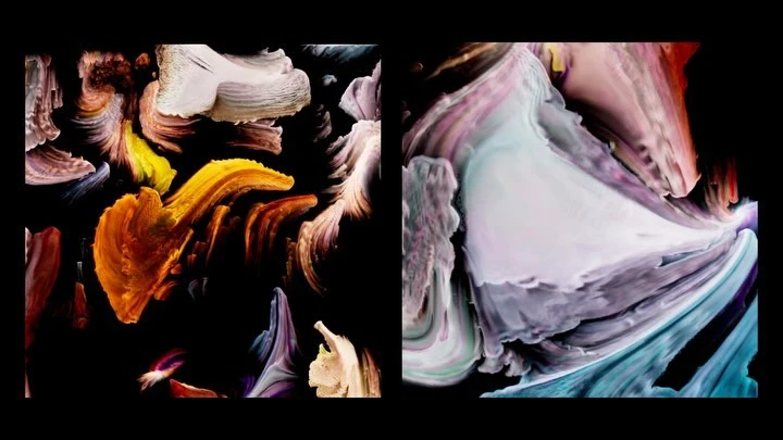 Abstract artwork features vibrant, layered brushstrokes in hues of gold, purple, teal, and white, set against a stark black backdrop.