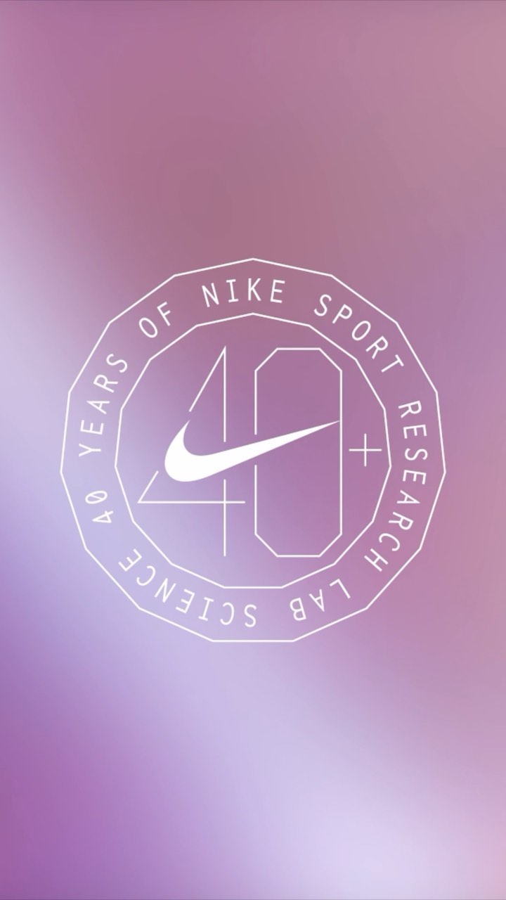 Nike advertisement featuring a circular emblem with '40' and the Nike swoosh logo, surrounded by text on a purple gradient background.
