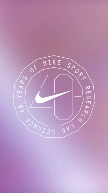 Nike advertisement featuring a circular emblem with '40' and the Nike swoosh logo, surrounded by text on a purple gradient background.