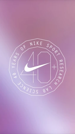 Nike advertisement featuring a circular emblem with '40' and the Nike swoosh logo, surrounded by text on a purple gradient background.