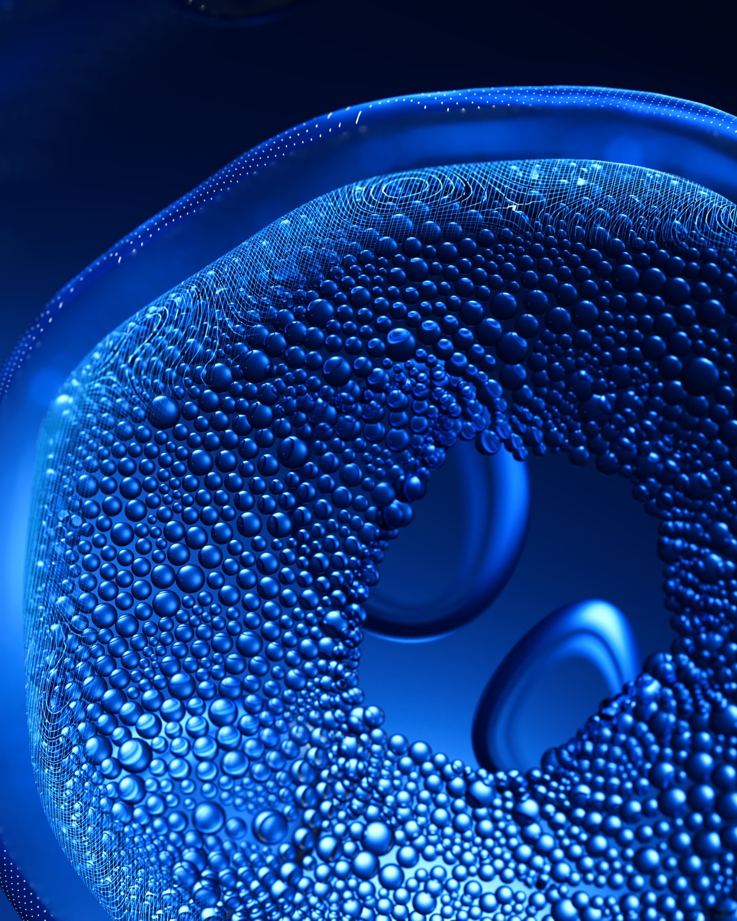 Abstract blue close-up of concentric spheres and bubbles with dark background, glossy surfaces, and intricate patterns.