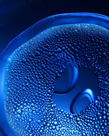 Abstract blue close-up of concentric spheres and bubbles with dark background, glossy surfaces, and intricate patterns.
