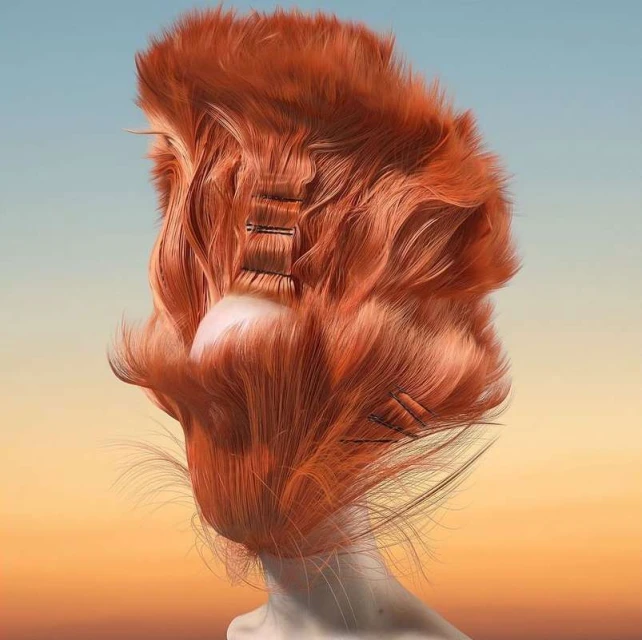 Conceptual art of a person from the shoulders up with voluminous red hair secured by bobby pins against a gradient orange background.