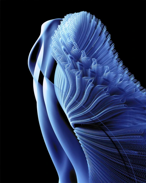 Abstract rendering of a human torso with blue, layered patterns resembling a dress on a black background, artistic and unique.