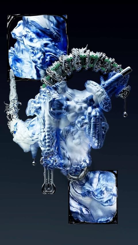 Abstract arrangement featuring blue and white swirls with water droplet accents, set against a gradient dark-blue backdrop in a studio setting.