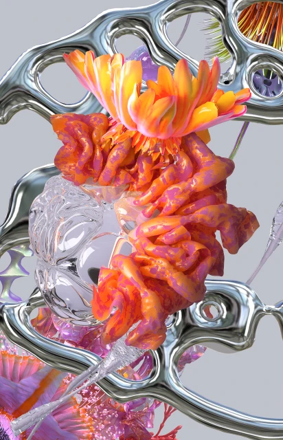 Abstract digital art showcases orange and yellow flowers with silvery, liquid metal and iridescent accents, creating a surreal and modern design.