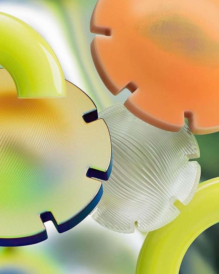 Abstract composition with transparent and translucent geometric shapes in orange, yellow, and clear color tones creating dynamic visuals.