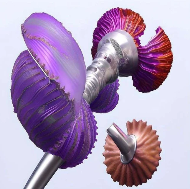 Abstract design featuring purple and orange fan-like shapes with silver metallic rods. The design has an industrial, yet artistic aesthetic.