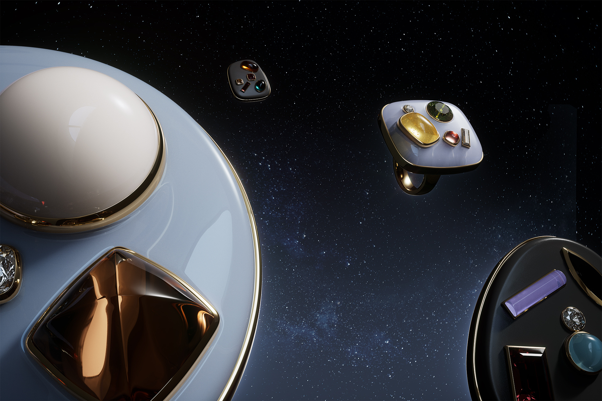 Three rings with precious stones levitate against a starry background; pale blue and black platforms are visible at the image's edges.