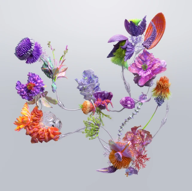 Artificial flowers in shades of purple, pink, green, orange, and white assembled together on a neutral background in a studio setting.