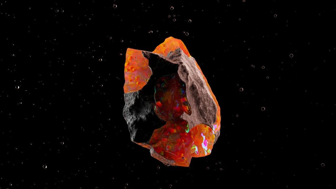 Close-up of a gemstone exhibiting a vivid play of color against a dark backdrop with specks of floating elements, showcasing mineral aesthetics.