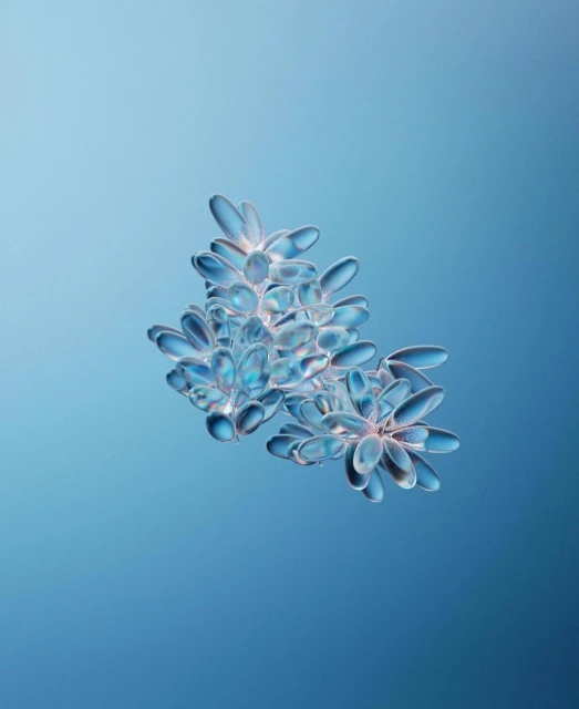 Close-up of a translucent flower-like crystalline structure with petal-like shapes against a graduated blue background.